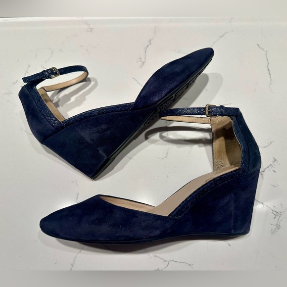 Cole Haan Shoes - Cole Haan Navy Blue Suede Ankle-Strap Wedge Heels- size 8